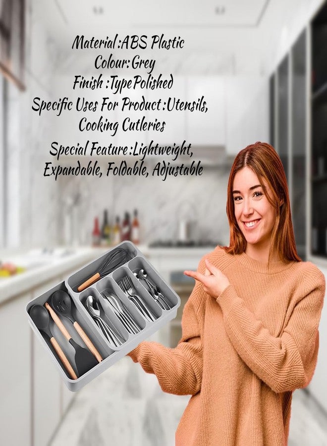 divinezon Five Grid Cutlery Organizer, Expandable Kitchen Drawer and Utensil Holder, Adjustable Large Kitchen Tool |34.5 x 52.5 x 5 CM|Plastic|Grey - Image 4